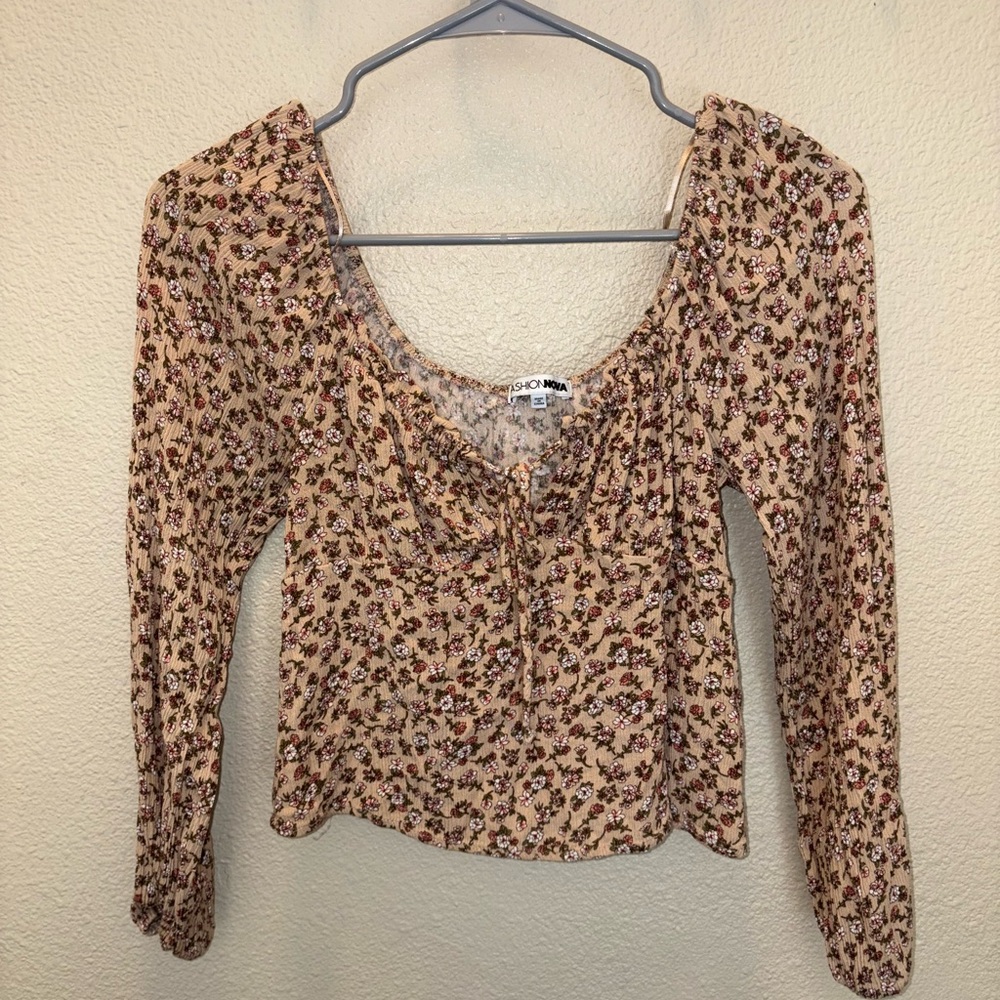 Fashion Nova Brown and Tan Tie Front Blouse